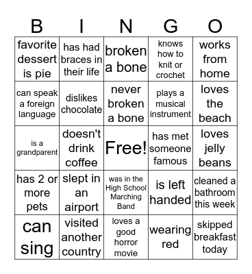 Getting to Know you Bingo Card