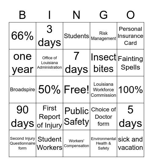 Workers' Compensation Bingo Card