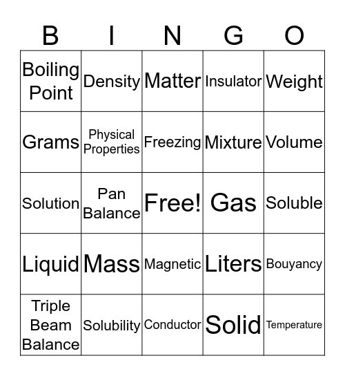 Physical Properties of Matter Bingo Card