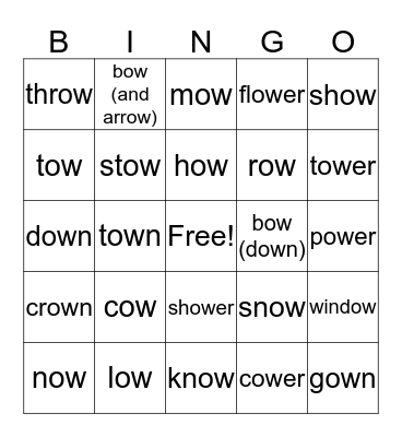 "OW" Words Bingo Card
