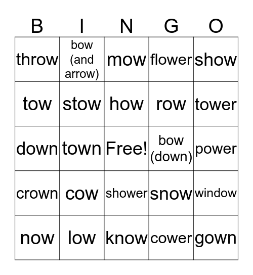 "OW" Words Bingo Card