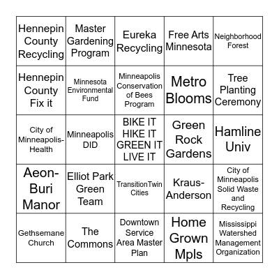 Elliot Park Earth Fest Bingo Card