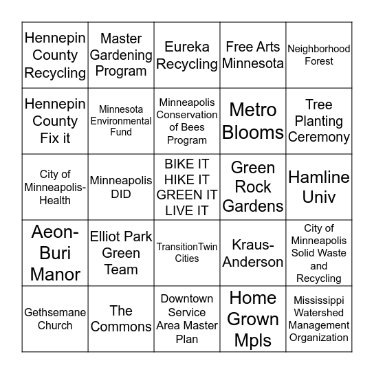 Elliot Park Earth Fest Bingo Card