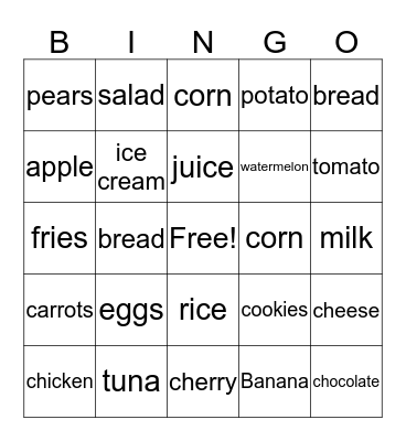 Food Bingo Card