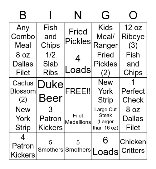 Texas Roadhouse Bingo Card