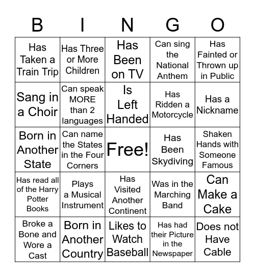 Get to Know A Family Bingo Card