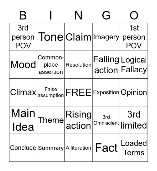 Narrative Bingo Card