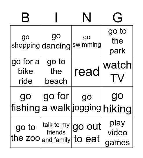 Free-time Activities Bingo Card