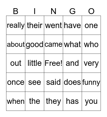 Sight Word Bingo Card