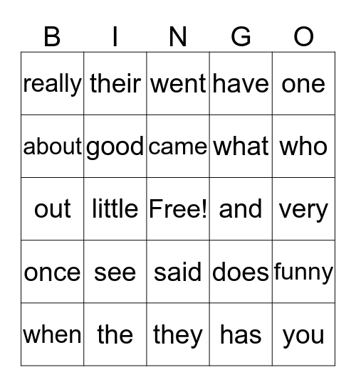 Sight Word Bingo Card