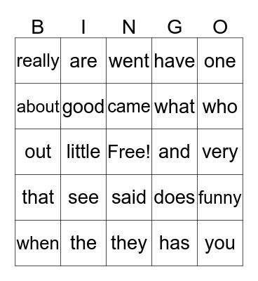 Sight Word Bingo Card