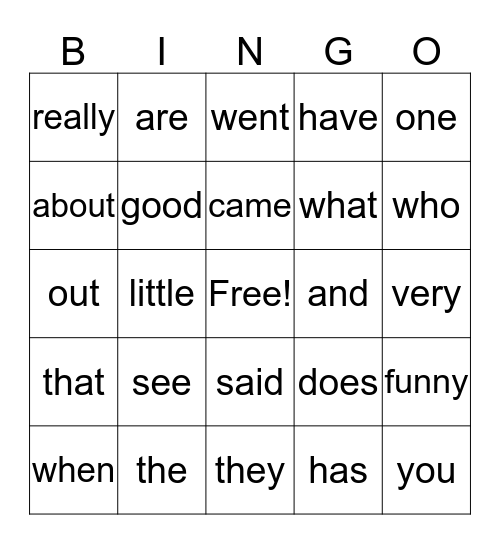 Sight Word Bingo Card