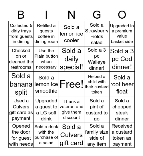 Culvers Cashier Bingo Card