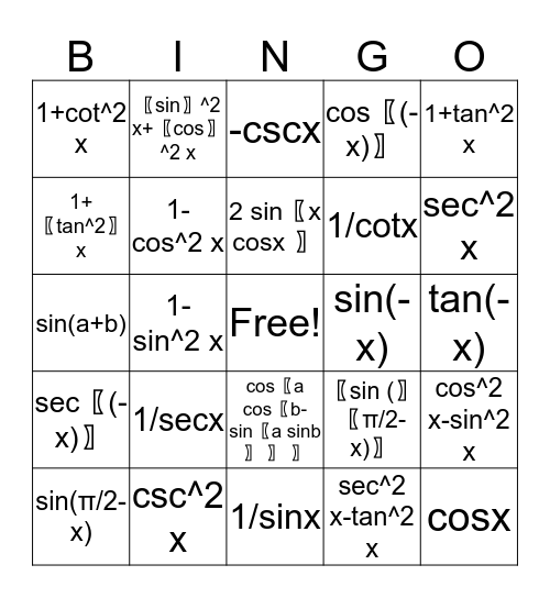 Trig Identity Bingo Card