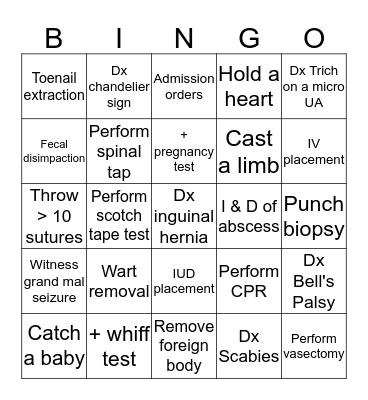 Clinical Bingo Card