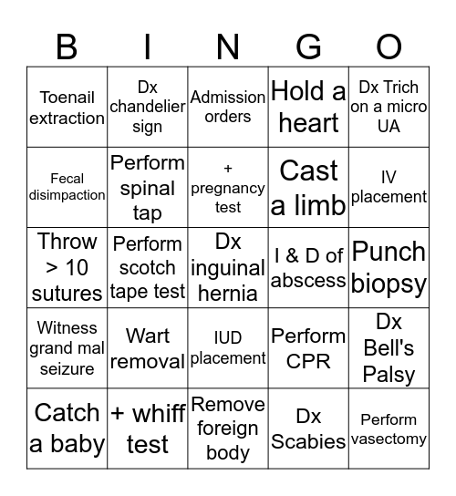 Clinical Bingo Card
