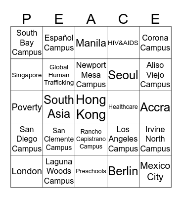 PEACE Bingo Card