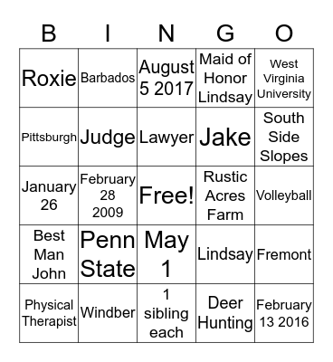 Lindsay & Jake Bingo Card