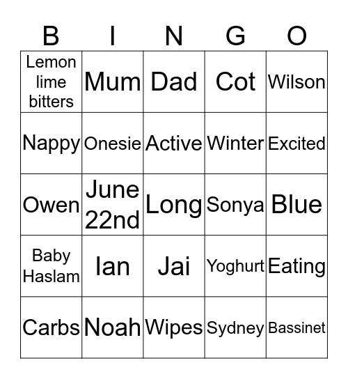 Baby Bingo Card