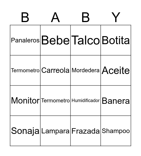 Baby Shower Bingo Card