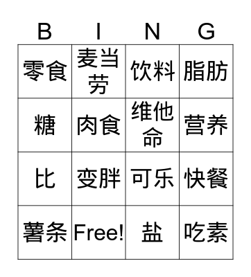 快餐，饮料，零食 Chinese Bingo Card