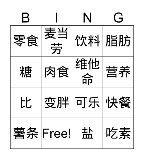 快餐，饮料，零食 Chinese Bingo Card