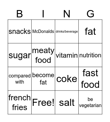 快餐，饮料，零食 English Bingo Card