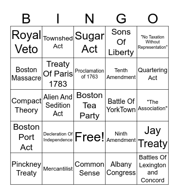 Independence Bingo Card