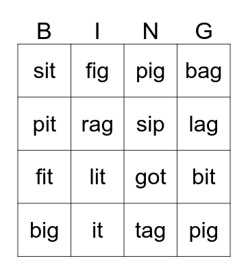 CVC Bingo (I & G) Bingo Card