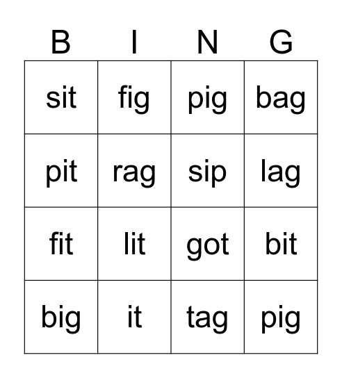 CVC Bingo (I & G) Bingo Card