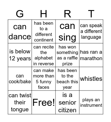 Family Bingo Card