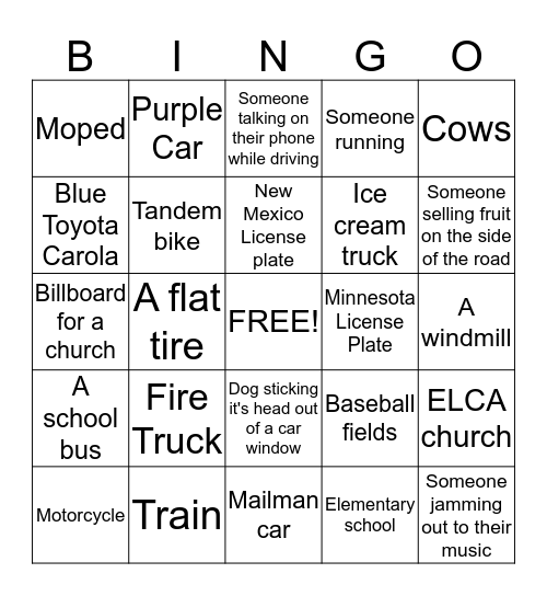 Off to Kenosha Bingo Card