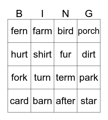 Bossy R Bingo Card