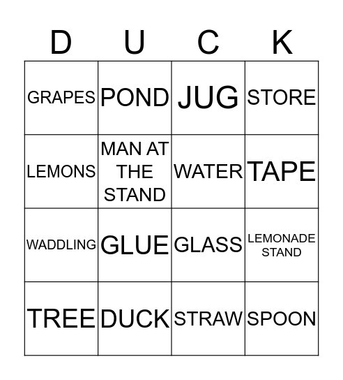 Duck Song Bingo Card