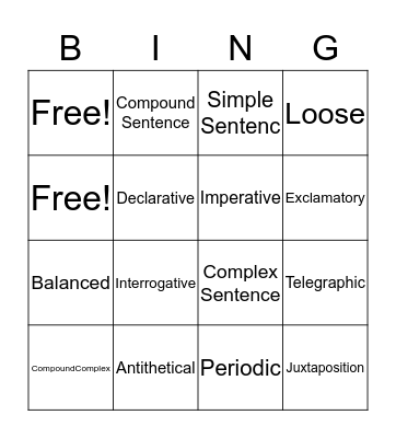 Syntax Bingo Card