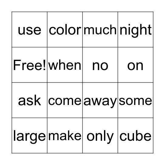 Sight Word Bingo Card