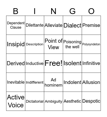 English Vocabulary Bingo ID:B Bingo Card