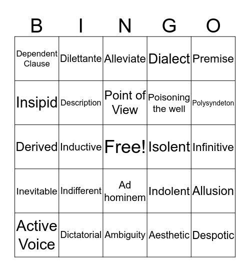 English Vocabulary Bingo ID:B Bingo Card