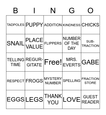 Mrs. Everts' Bingo Game Bingo Card