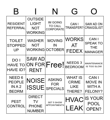 LEASING CALL BINGO Card
