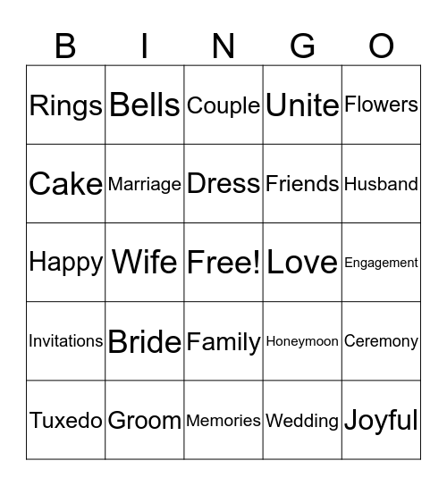 Bridal Bingo Card