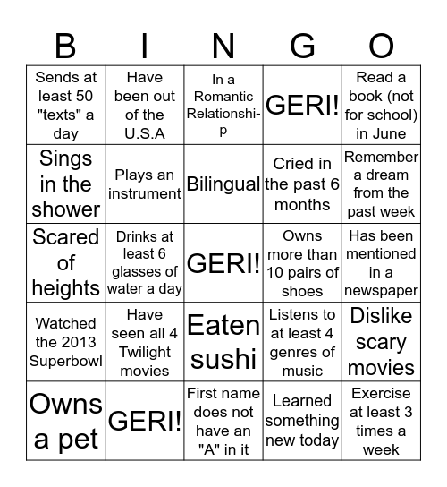 GERI Bingo Card