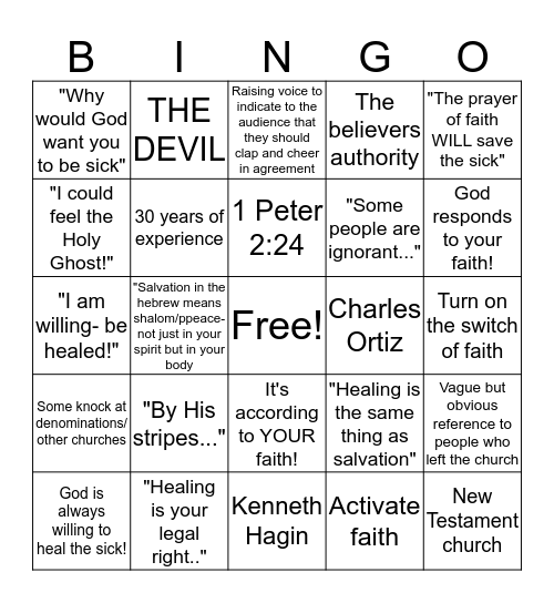 Healing Bingo Card