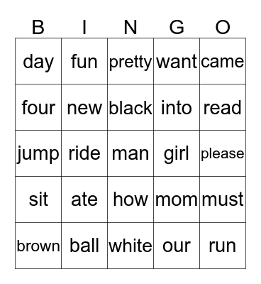 SIGHT WORDS Bingo Card
