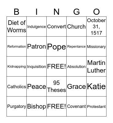 The Protestant Reformation Bingo Card