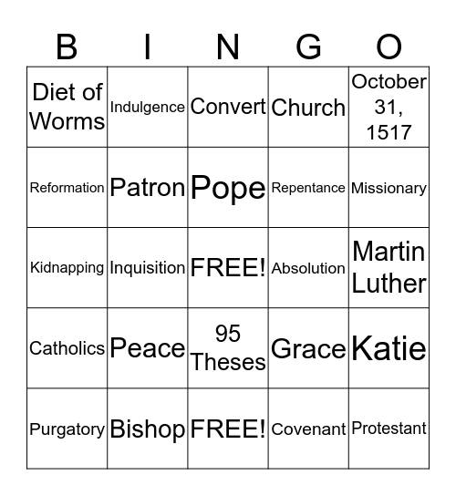 The Protestant Reformation Bingo Card