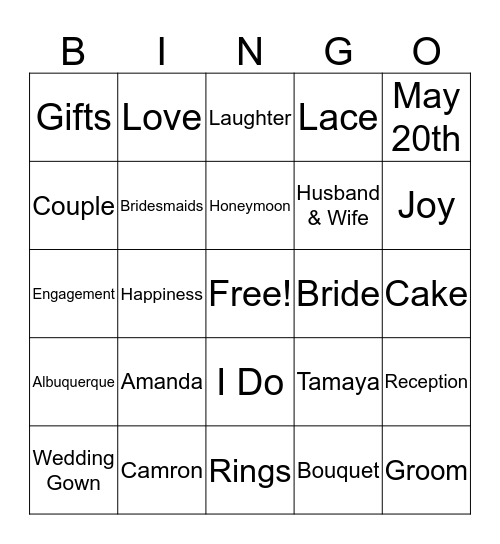 Amanda's Bridal Shower Bingo Card