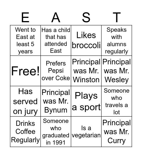 East High School Alumni Bingo Card