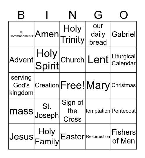 First Grade Religious Ed Class Bingo Card