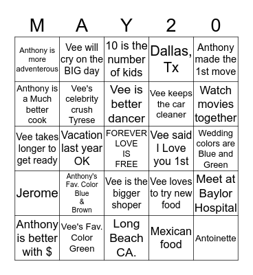 Valedia & Anthony  Bingo Card